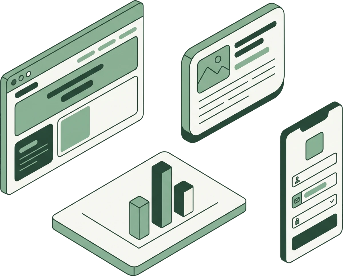Isometrische Illustration aus Website-Bausteinen: Browserfenster, Formular und Diagramm